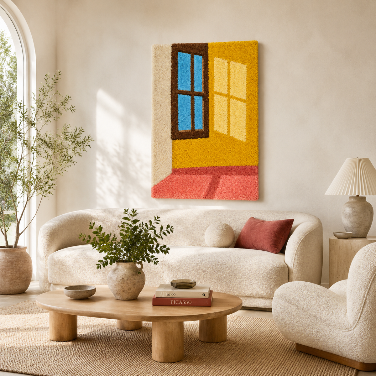 Hewn Earth Sunlit Window Geometry wall art featuring abstract geometric shapes with warm sunlight reflections on a neutral background.
