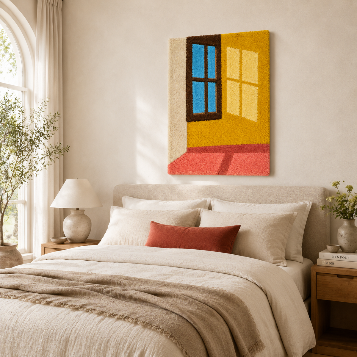 Hewn Earth Sunlit Window Geometry wall art featuring abstract geometric shapes with warm sunlight reflections.