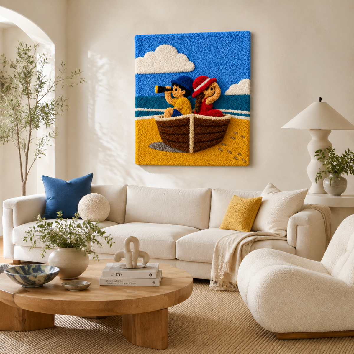 Hewn Earth Seaside Storyboat wall art featuring a colorful sailboat illustration on a textured background.