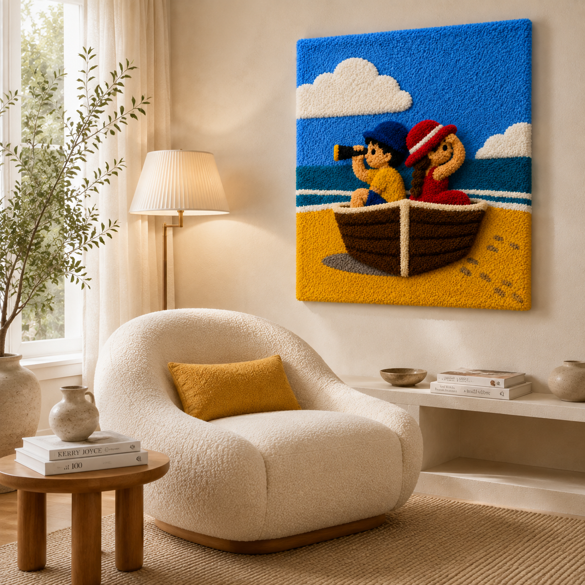 Hewn Earth Seaside Storyboat wall art featuring a colorful boat scene on a coastal background, decorative wall decor for nautical themes.