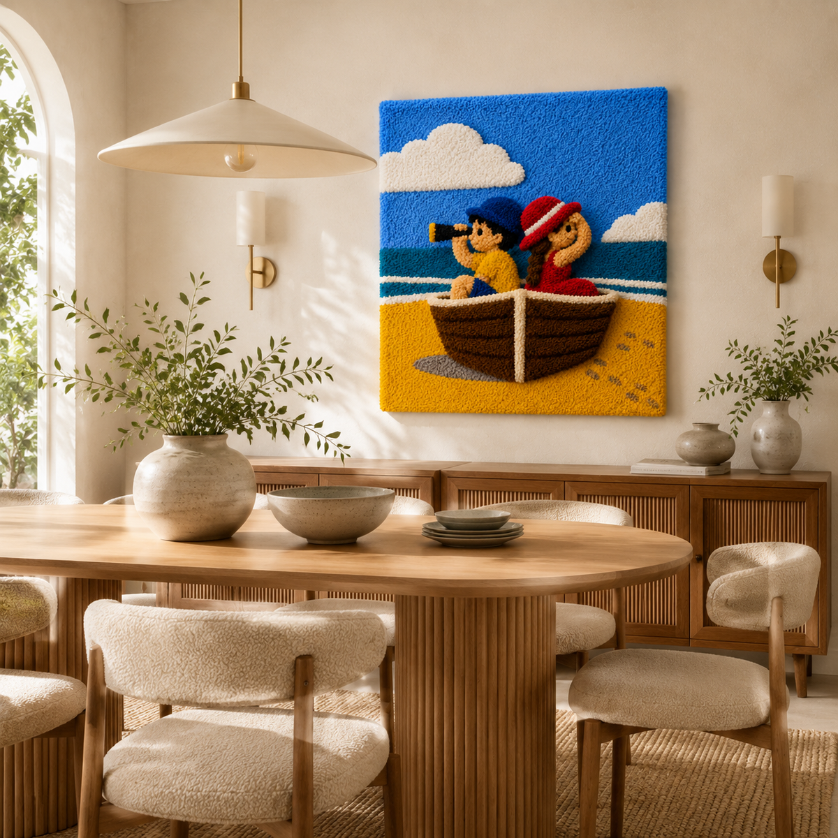 Hewn Earth Seaside Storyboat wall art, colorful nautical-themed wall decor featuring a whimsical boat scene printed on canvas.
