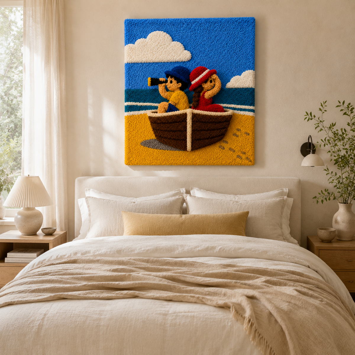 Hewn Earth Seaside Storyboat wall art featuring a colorful, detailed illustration of a boat scene on a textured background.