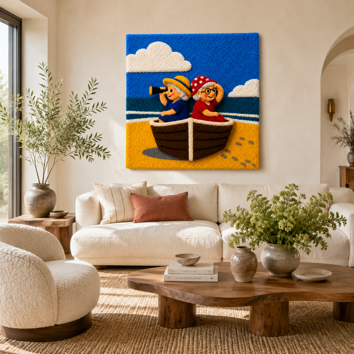 Hewn Earth Merry Sailors Ashore wall art featuring nautical scene with sailors and ships, vibrant colors and detailed design.