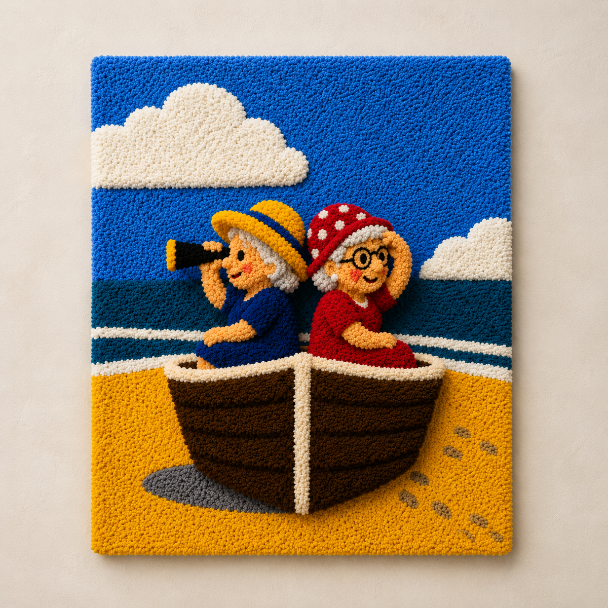 Hewn Earth Merry Sailors Ashore wall art featuring nautical scene with sailboats and lighthouse in a rustic, artistic style.