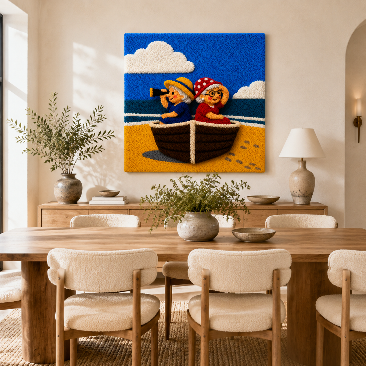 Hewn Earth Merry Sailors Ashore wall art featuring a nautical scene with sailors on a ship, vibrant and detailed wall decor piece.
