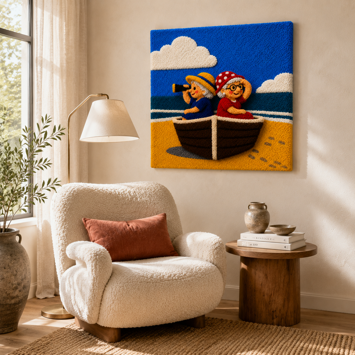Hewn Earth Merry Sailors Ashore wall art featuring colorful nautical scene on a textured background.
