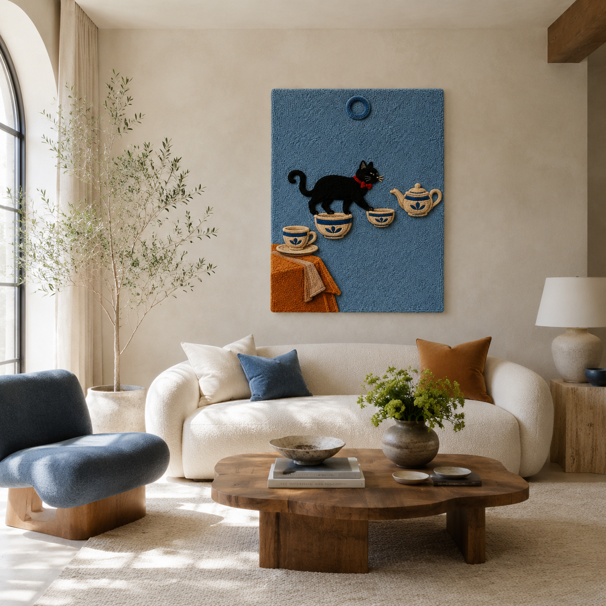 Hewn Earth wall art featuring a tea table cat illustration, modern decor for cat lovers and home interior decoration.