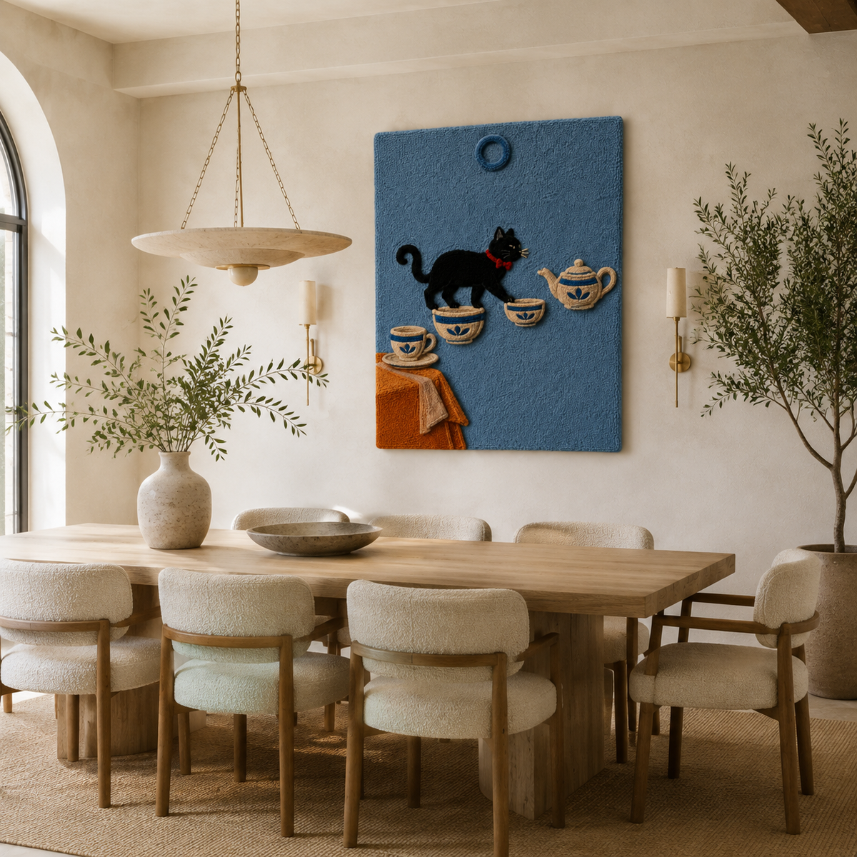 Wall art of a tea table cat by Hewn Earth, featuring a detailed illustration of a cozy cat on a tea table.