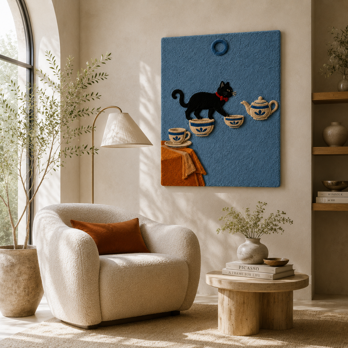 Hewn Earth wall art featuring a tea table cat design, modern and decorative wall decor for feline lovers.