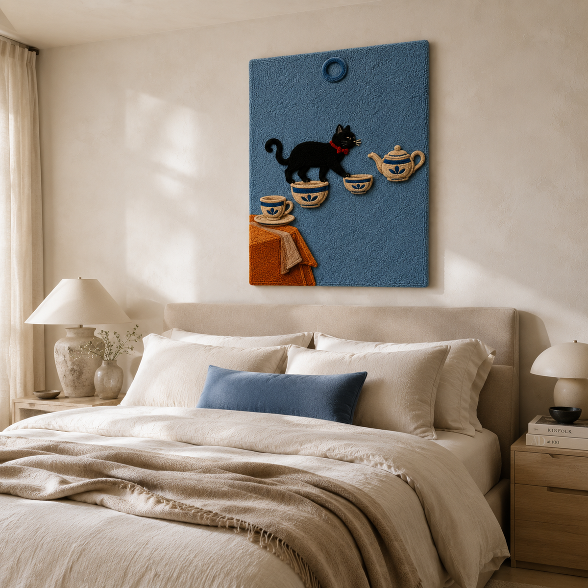 Hewn Earth wall art featuring a tea table cat illustration, decorative wall decor for animal lovers.