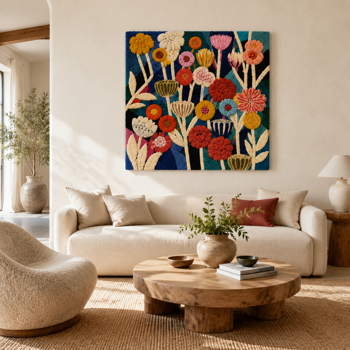 Hewn Earth Midnight Flower Festival wall art featuring vibrant floral design on a decorative wall hanging.