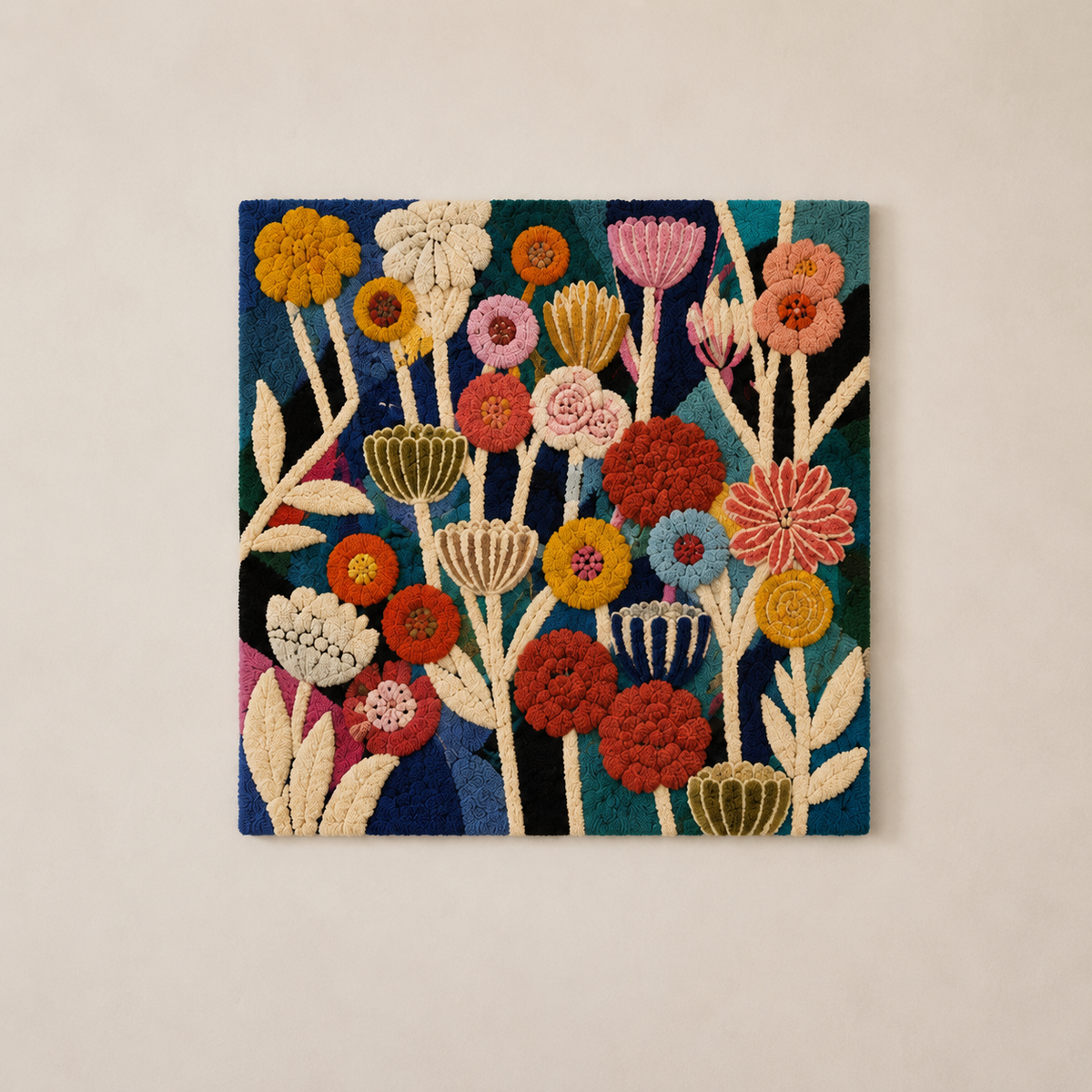 Hewn Earth Midnight Flower Festival wall art featuring vibrant, detailed floral design on a dark background.