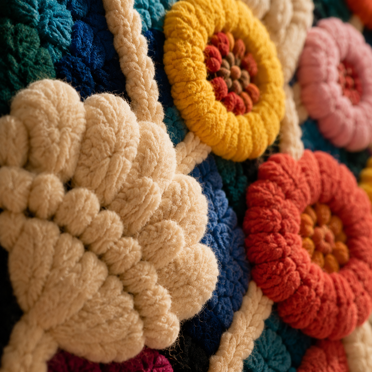 Close-up of Hewn Earth Midnight Flower Festival wall art, showcasing intricate floral design and vibrant colors.