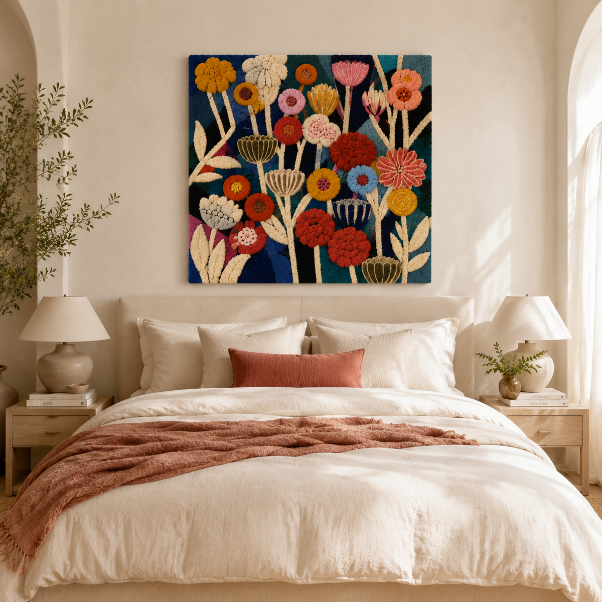 Hewn Earth Midnight Flower Festival wall art featuring vibrant floral design on a dark background.