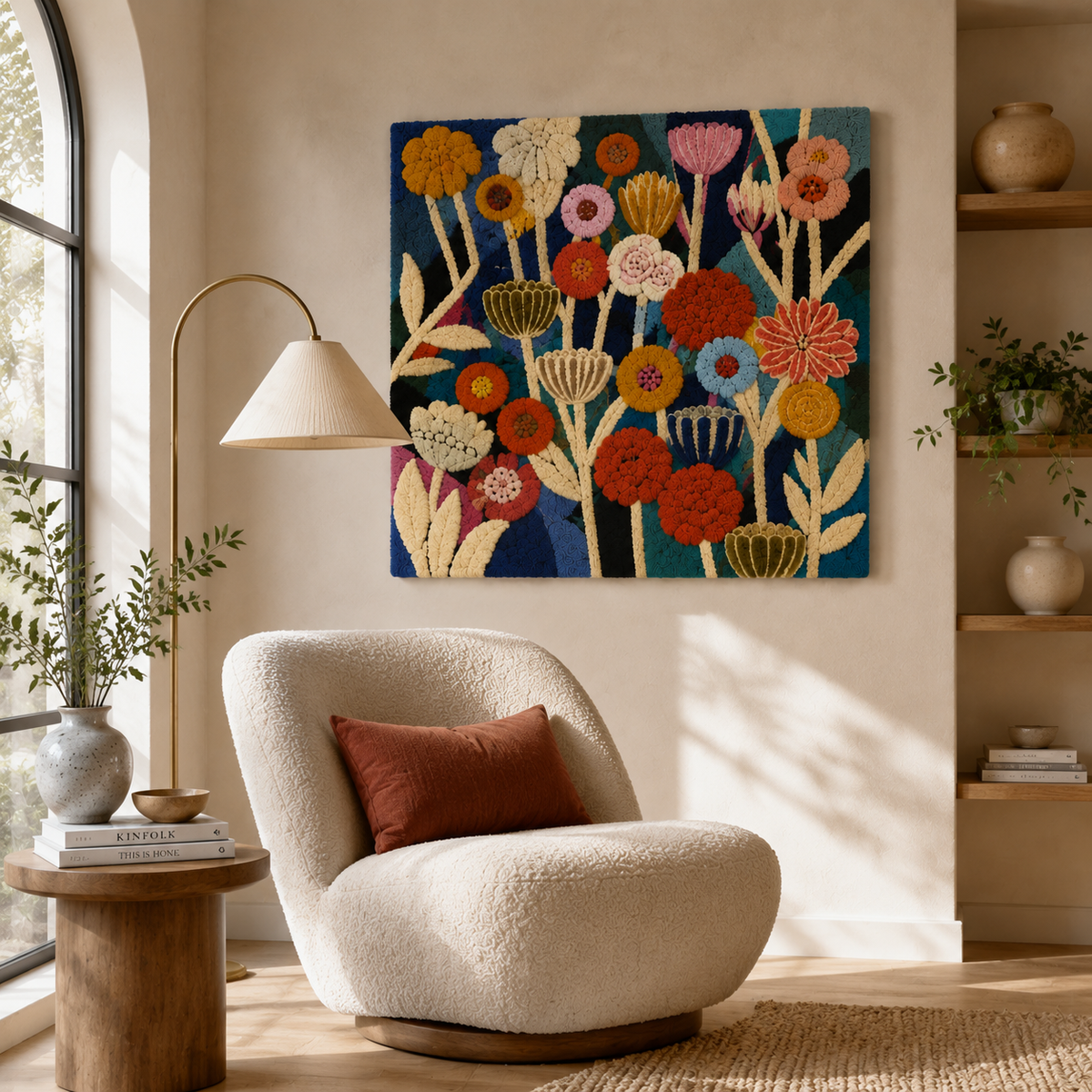 Hewn Earth Midnight Flower Festival wall art featuring vibrant floral designs on a dark background for home decor.