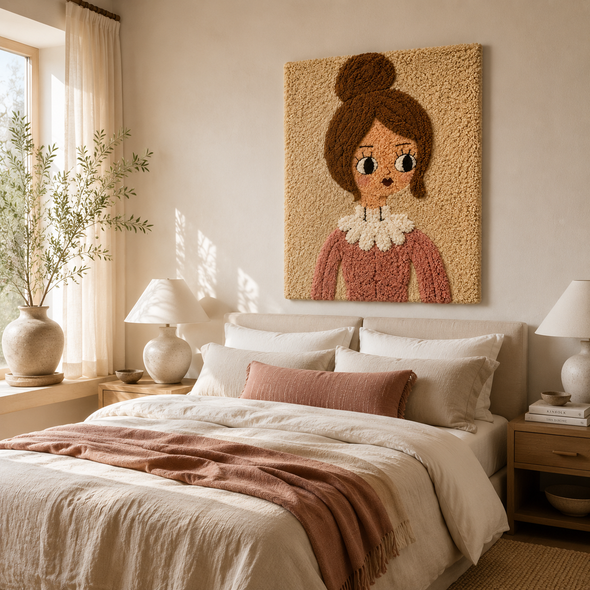 Ivory Bow Girl wall art by Hewn Earth featuring a whimsical illustration of a girl with a large bow, suitable for nursery decor.