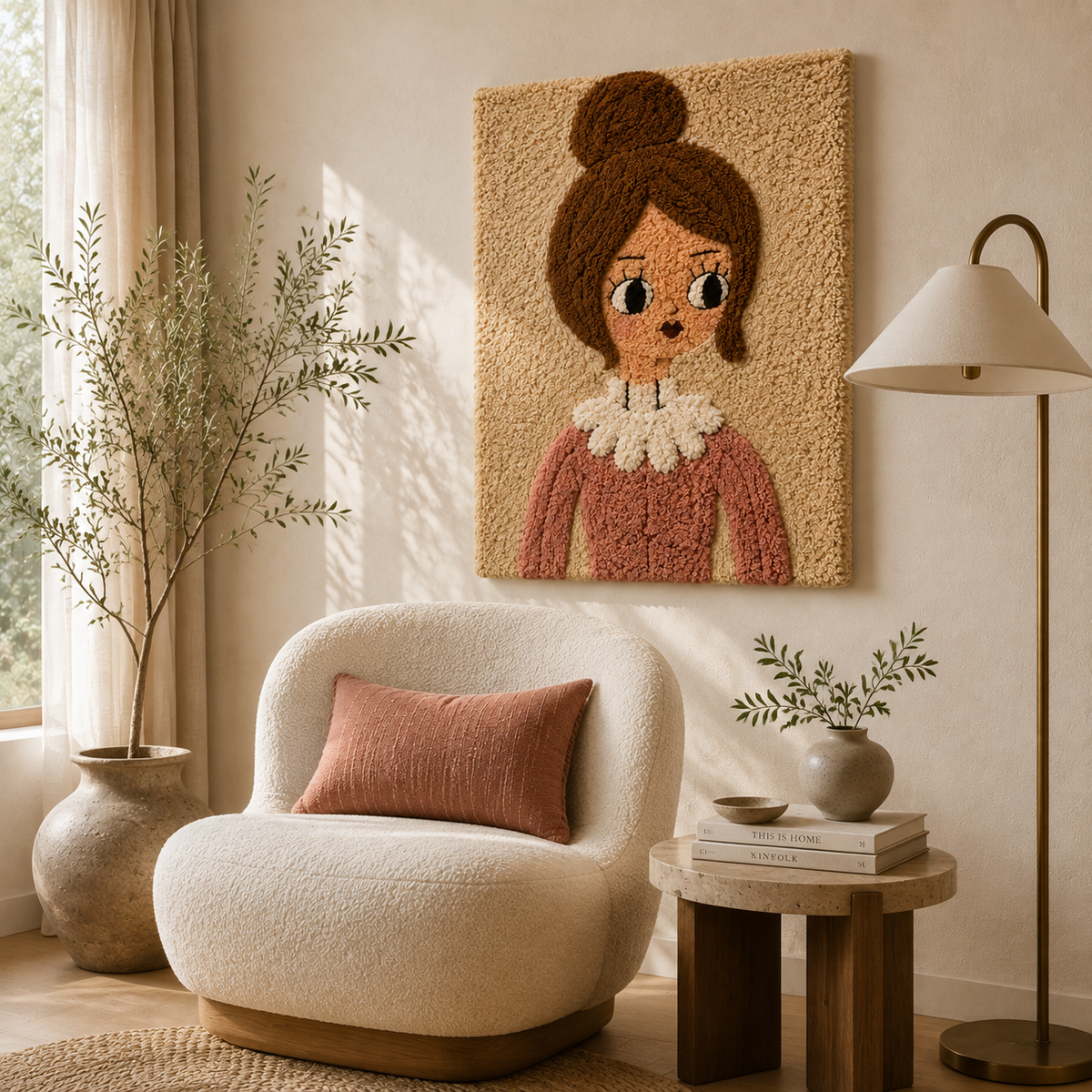 Ivory bow girl wall art by Hewn Earth featuring a charming girl with a bow, suitable for nursery or child's room decor.