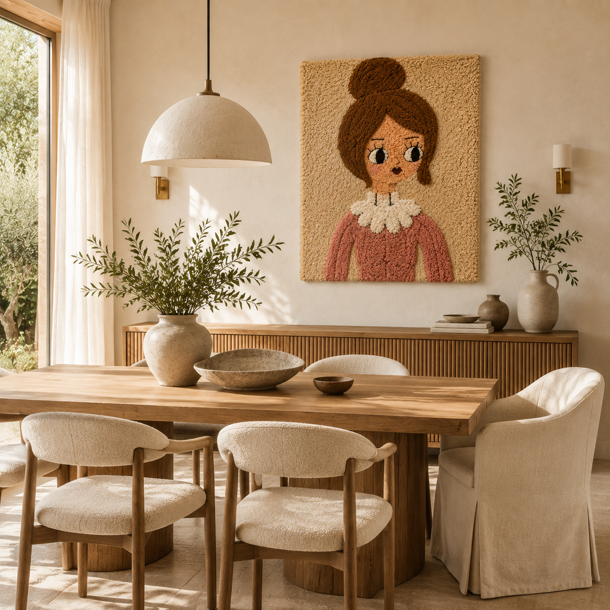 Ivory bow girl wall art by Hewn Earth featuring a whimsical girl with a large ivory bow, perfect for nursery or child's room decor.