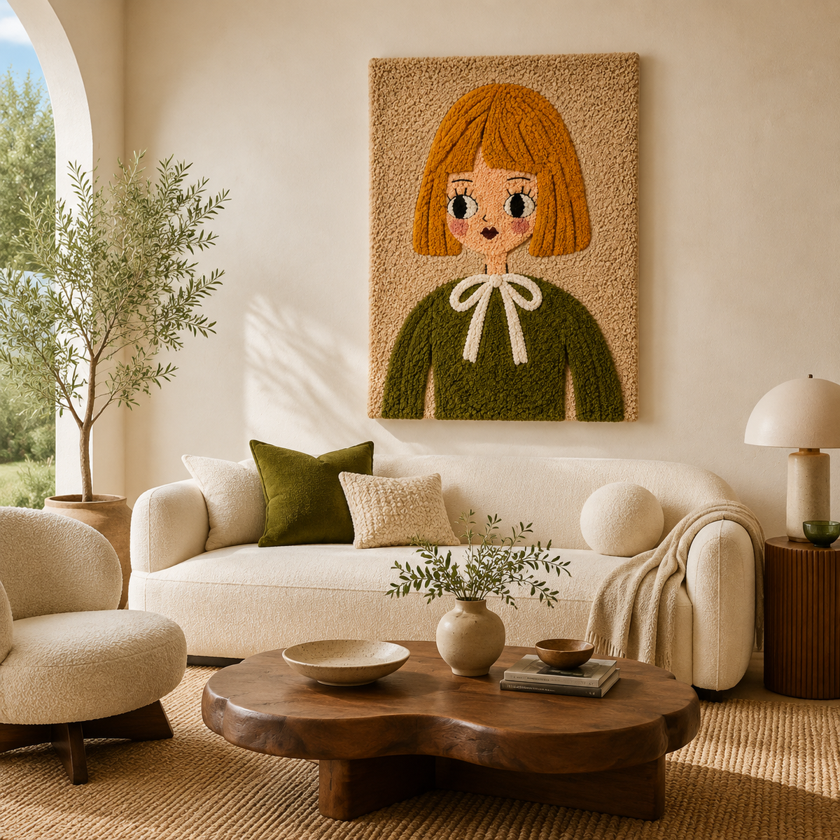 Olive Bow Girl wall art by Hewn Earth featuring a vibrant illustration of a girl with an olive bow in a modern room setting.