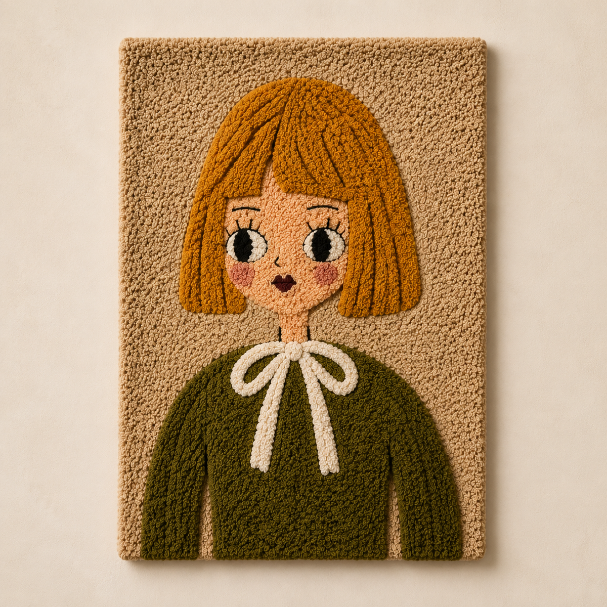 Olive Bow Girl wall art by Hewn Earth featuring a colorful illustrated girl with a bow in her hair, vibrant and decorative wall decor.