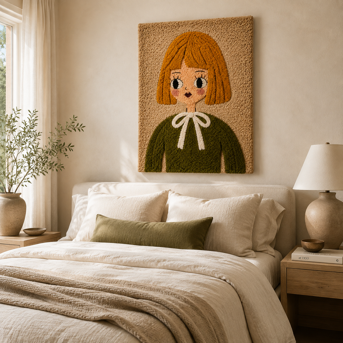 Colorful Olive Bow Girl Hewn Earth wall art print featuring a playful girl with a bow, suitable for children's room decor.