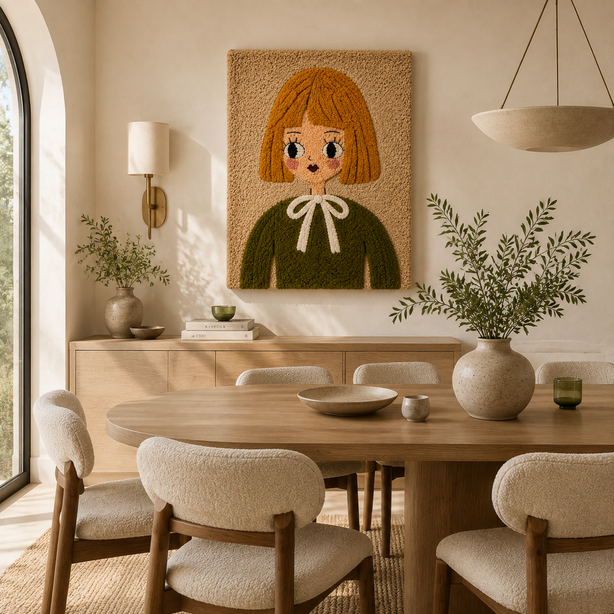 Hewn Earth Olive Bow Girl wall art featuring a girl with an olive bow, vibrant colors, and artistic design for home decor.
