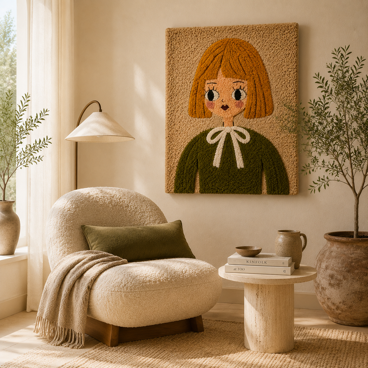 Hewn Earth Olive Bow Girl wall art featuring a girl with an olive-colored bow, vibrant and artistic interior decor piece