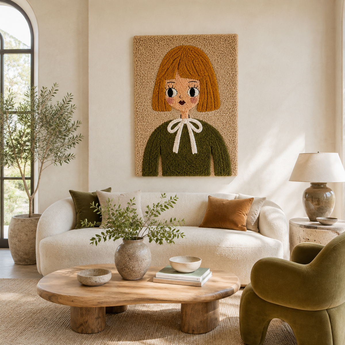 Amber Bow Girl wall art by Hewn Earth, featuring a colorful, artistic depiction of a girl with a bow on a textured background.
