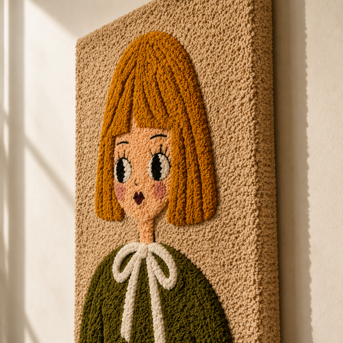 Amber Bow Girl wall art by Hewn Earth featuring a whimsical illustration of a girl with a bow in warm amber tones.