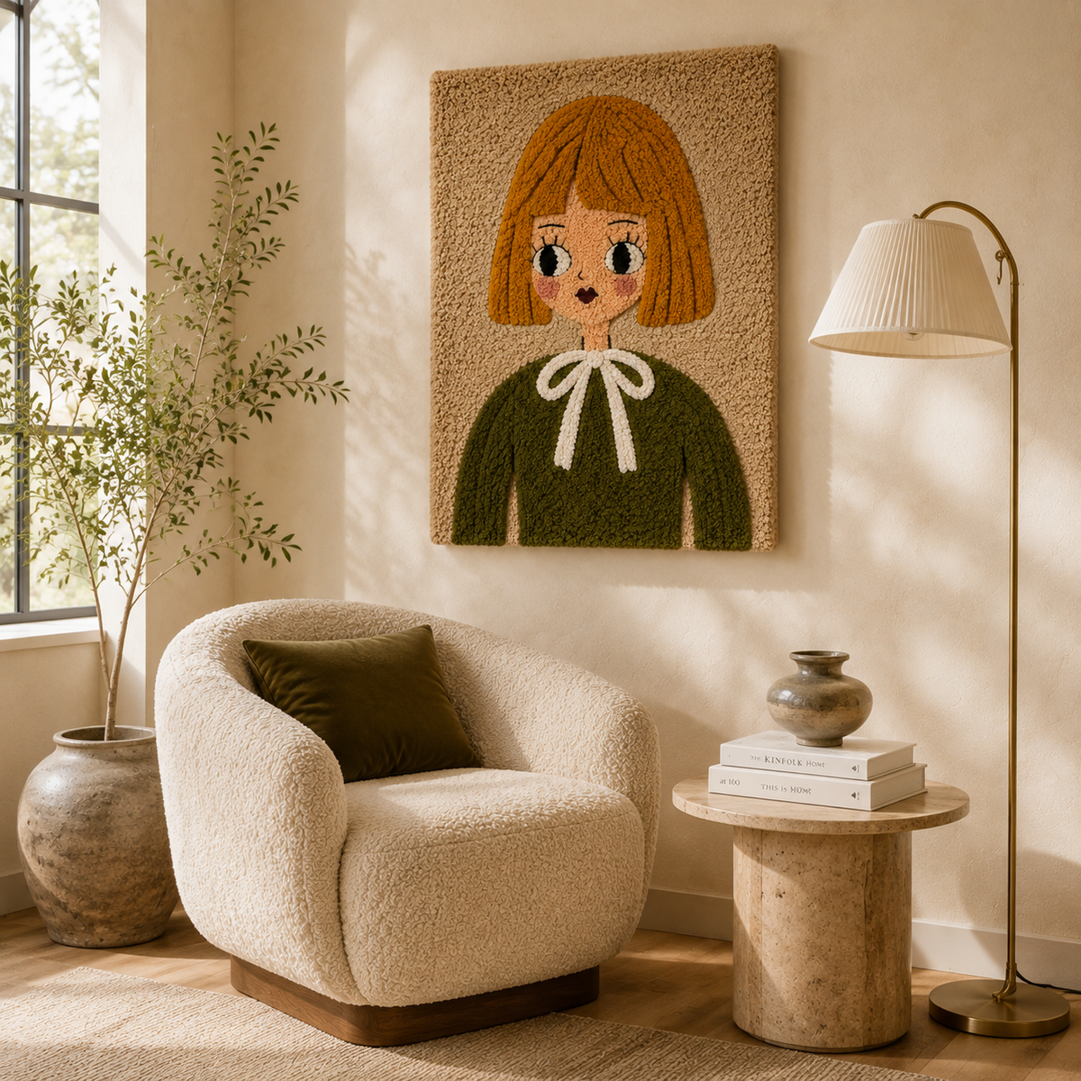 Amber Bow Girl wall art by Hewn Earth featuring a colorful, artistic depiction of a girl with a bow in vibrant, detailed design.