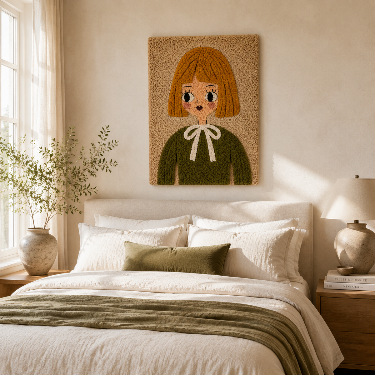 Amber Bow Girl Hewn Earth wall art featuring a stylized girl with a bow, vibrant amber tones, and artistic design.