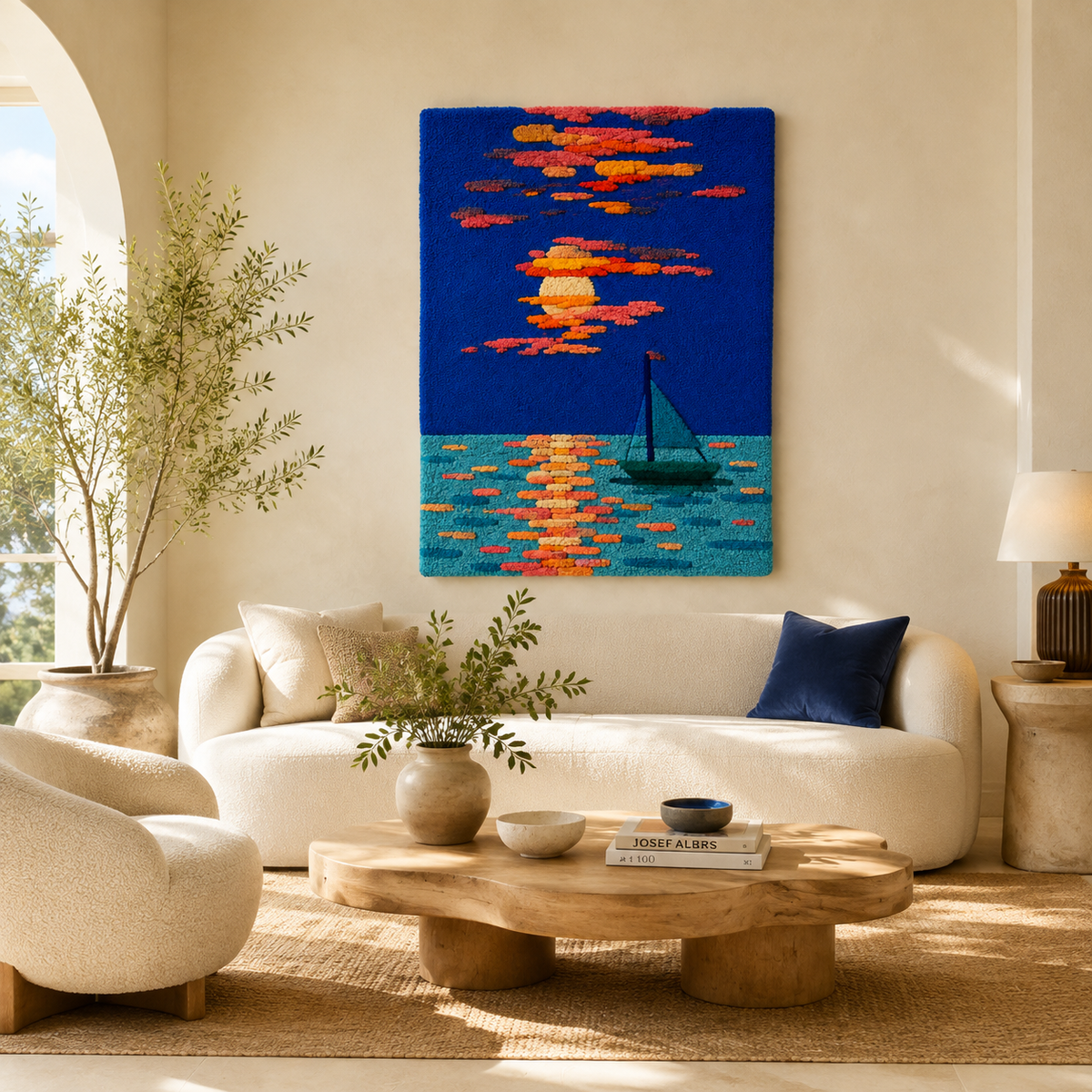 Hewn Earth Sunset Sail Passage wall art featuring vibrant sunset colors and sailboat scene on canvas or print.
