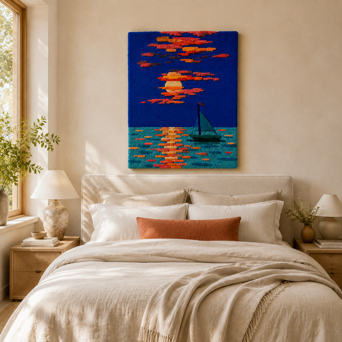 Sunset Sail Passage wall art by Hewn Earth featuring a serene sailboat scene with vibrant sunset colors on canvas.