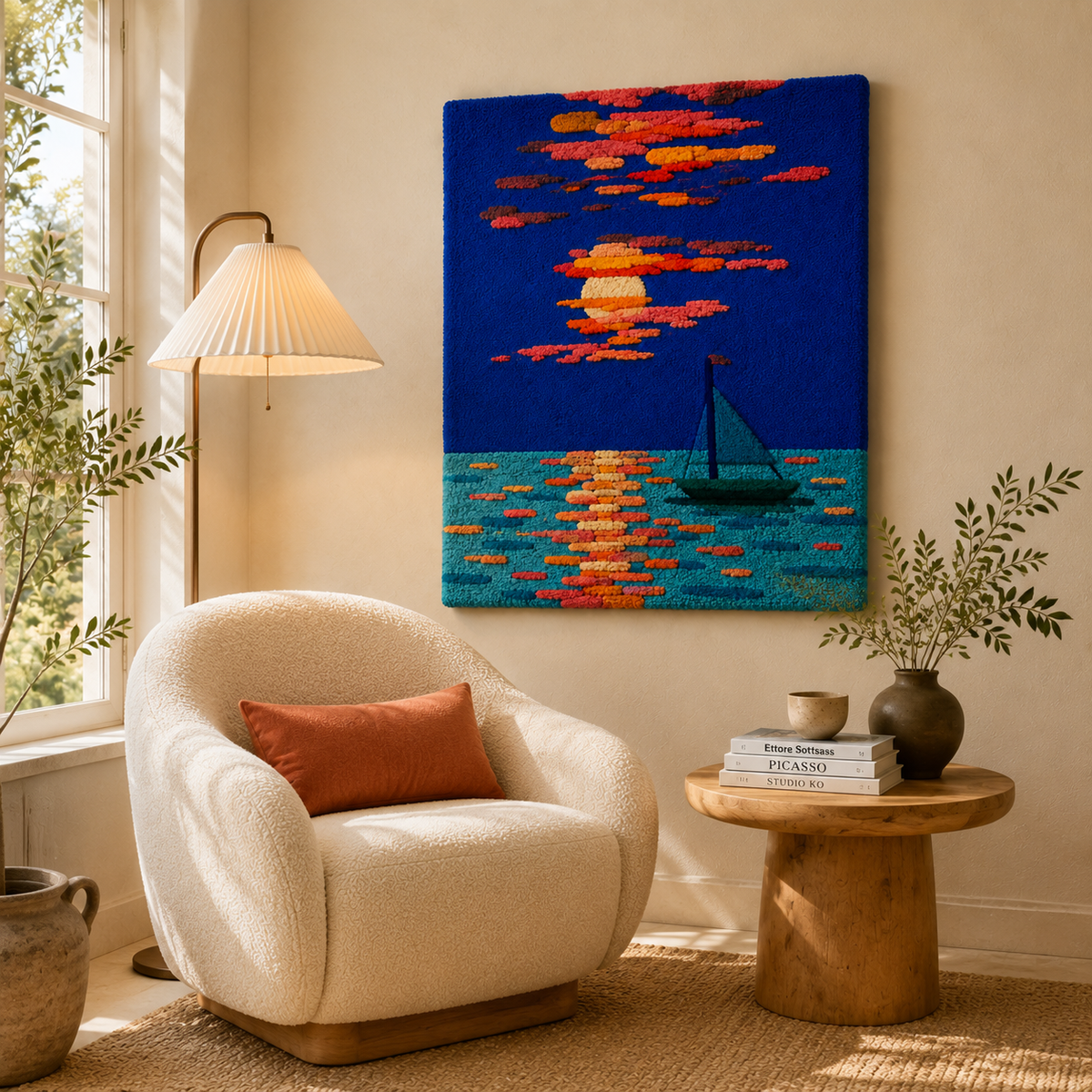 Sunset Sail Passage wall art by Hewn Earth featuring a vibrant sunset scene with sailboats and calm waters.