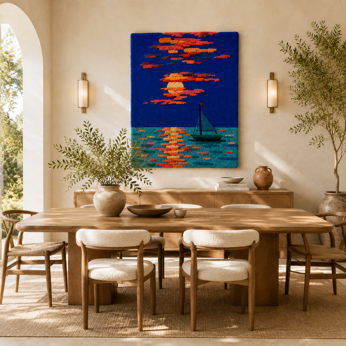 Hewn Earth Sunset Sail Passage wall art featuring a vibrant sailboat scene with warm sunset colors and ocean waves.