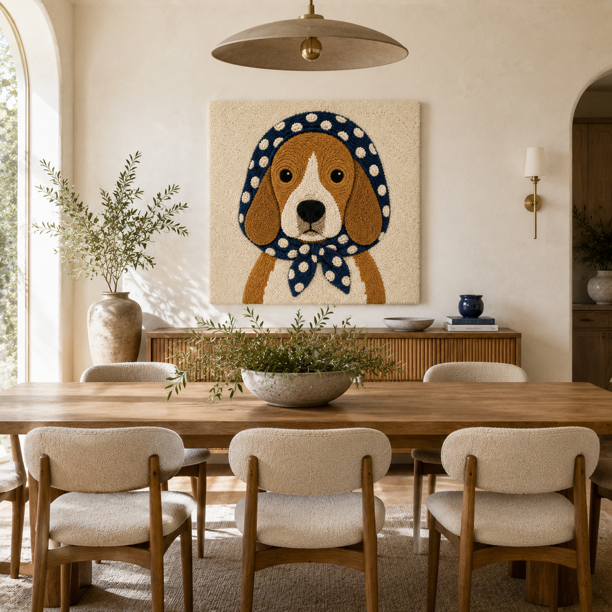 Hewn Earth Polka Dot Hound wall art featuring a playful polka dot pattern on a sleek, modern background.