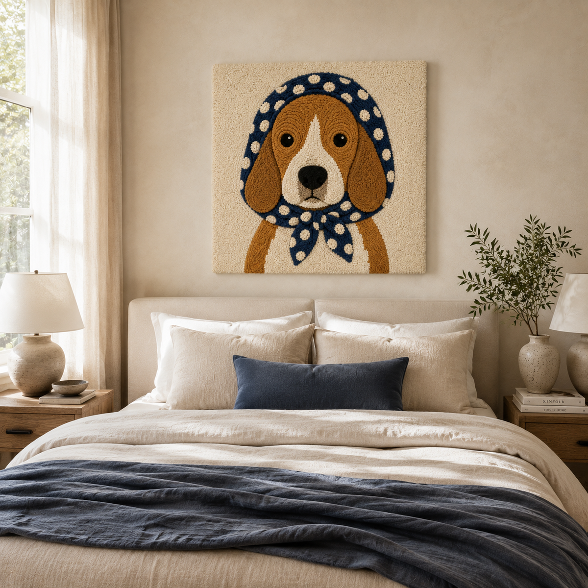 Polka Dot Hound wall art by Hewn Earth featuring a playful polka dot dog illustration on a neutral background.