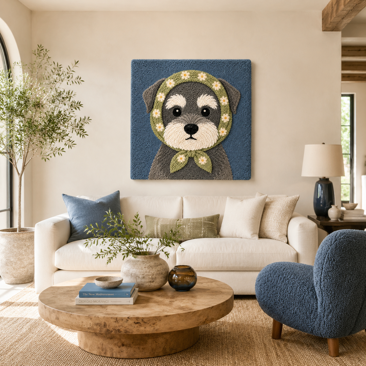 Hewn Earth Meadow Scarf Pup wall art featuring a colorful abstract design on a room wall.