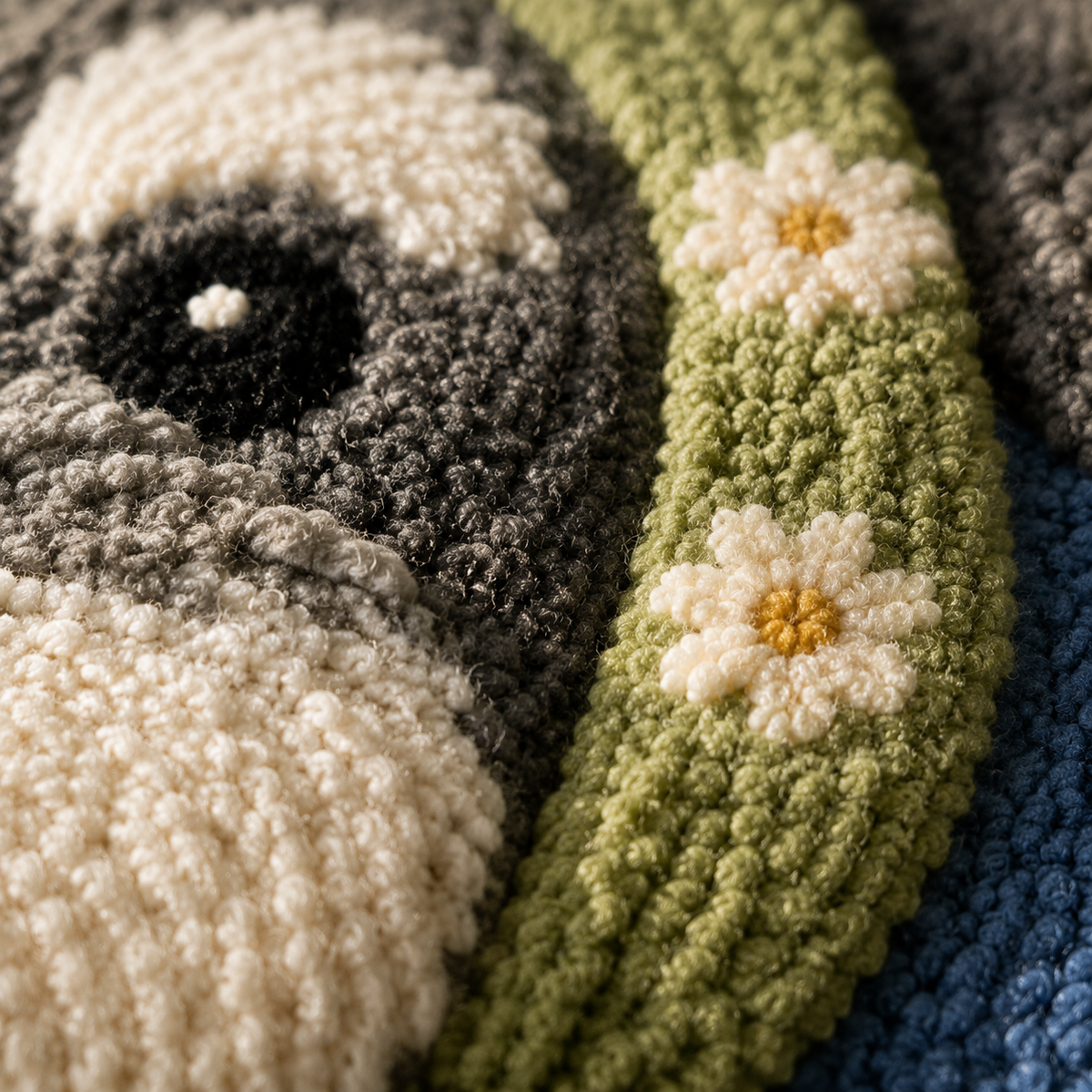 Close-up of Hewn Earth Meadow Scarf Pup wall art, showcasing detailed illustration of a playful dog in a natural meadow setting.