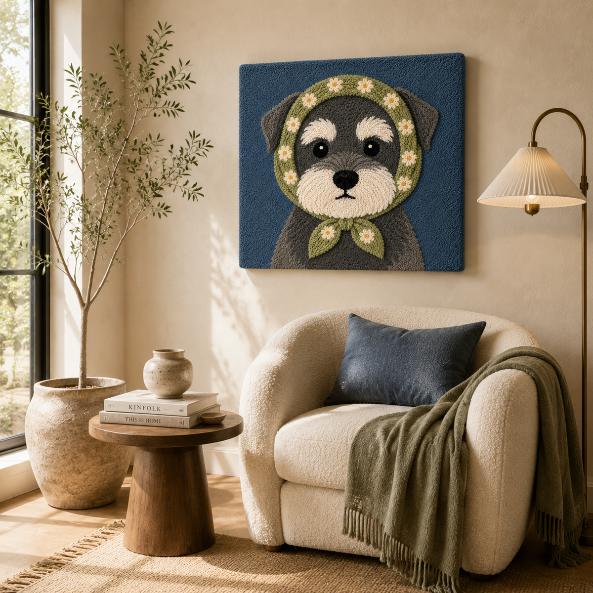 Hewn Earth Meadow Scarf Pup wall art featuring a colorful, detailed illustration of a playful pup in a meadow scene.