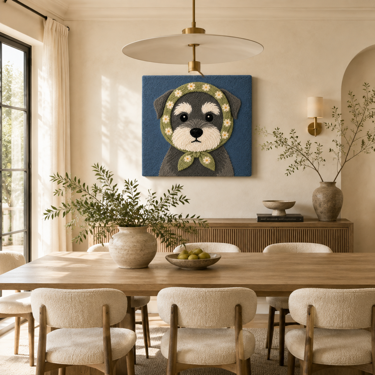 Hewn Earth Meadow Scarf Pup wall art featuring a detailed illustration of a playful pup surrounded by meadow scenery.