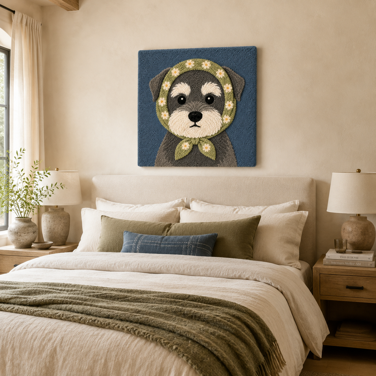 Hewn Earth Meadow Scarf Pup wall art featuring a detailed illustration of a playful dog in a meadow scene.
