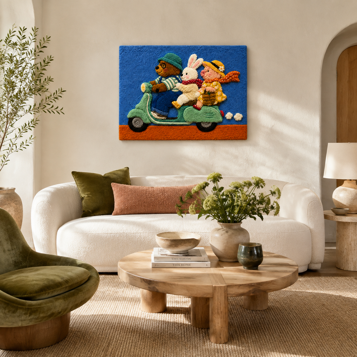 Hewn Earth Scooter Picnic Dash wall art featuring a colorful scooter and picnic scene, modern home decor for any room.