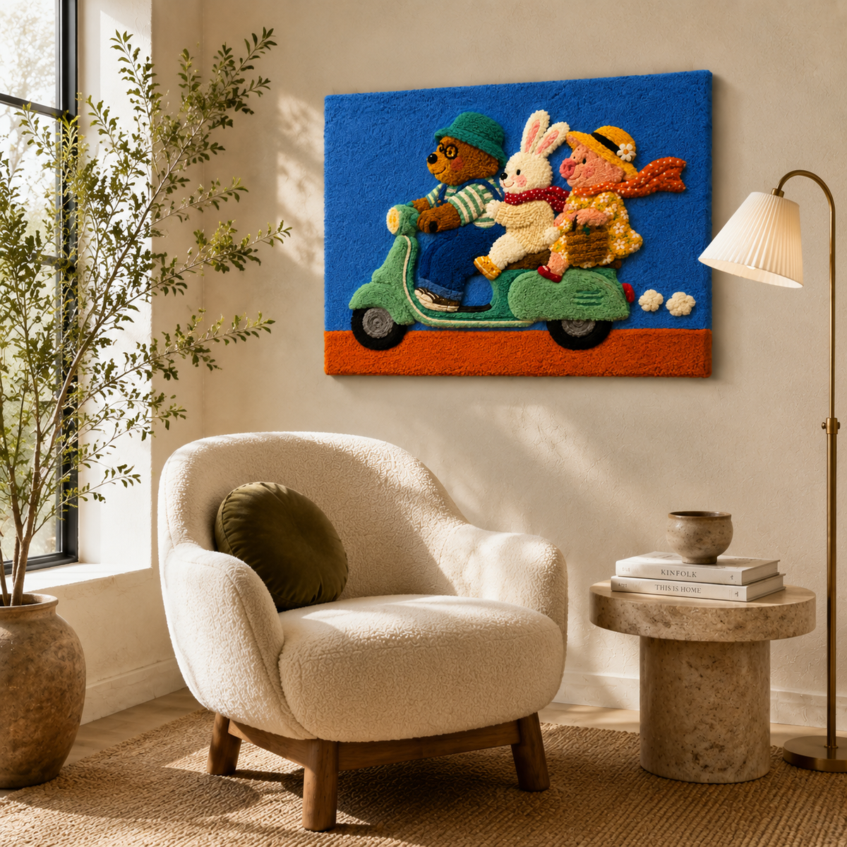 Hewn Earth Scooter Picnic Dash wall art featuring a colorful scooter and picnic scene, modern decorative wall decor.