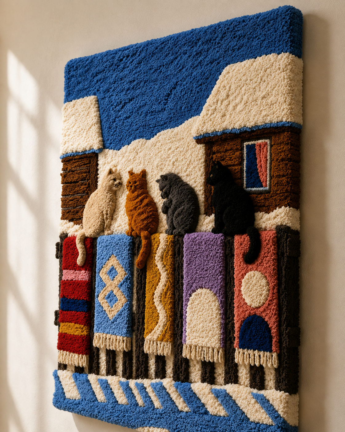 Hewn Earth Rooftop Cat Gathering wall art featuring a charming scene of cats on a rooftop, vibrant and detailed decorative wall decor.