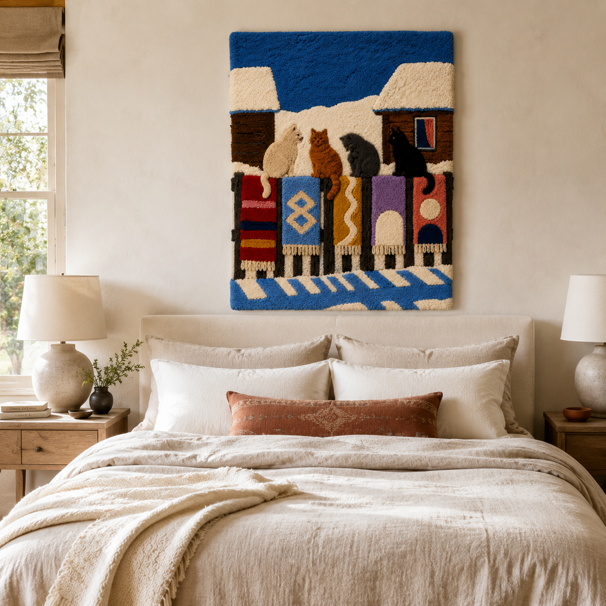 Hewn Earth rooftop cat gathering wall art depicting playful cats sitting on a rooftop scene, suitable for home decor.