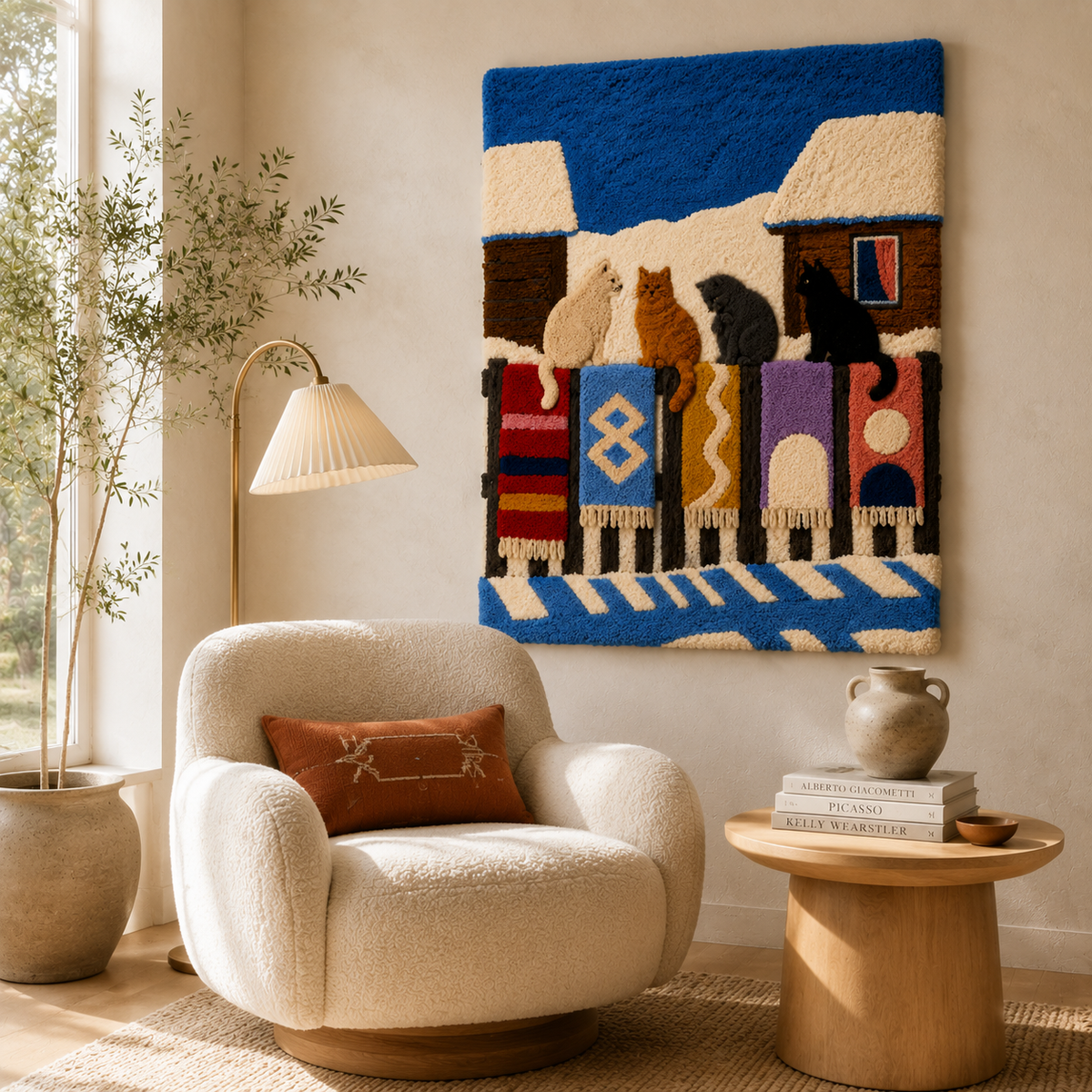 Hewn Earth rooftop cat gathering wall art depicting playful cats on a rooftop scene in vibrant colors