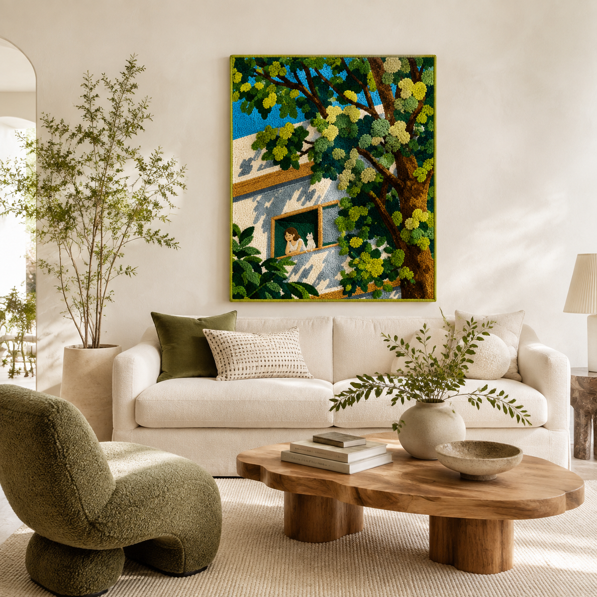 Green balcony wall art by Hewn Earth, featuring a decorative light fixture designed for outdoor balcony or patio spaces.