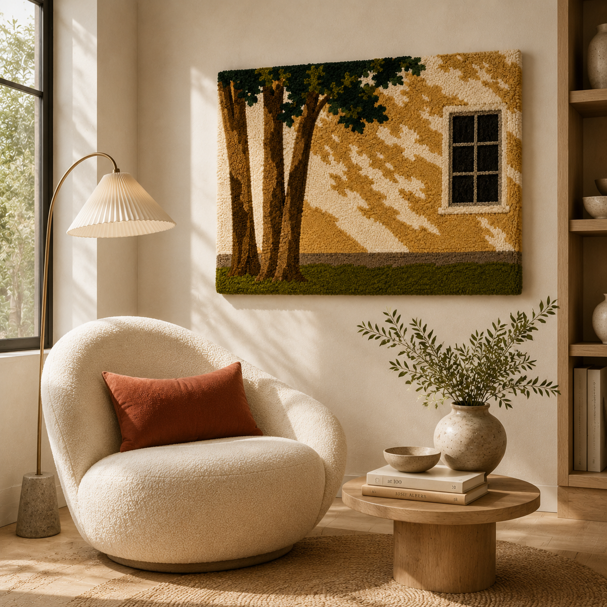 Golden Window Shadows wall art by Hewn Earth, featuring warm, abstract shadow patterns on a textured background.