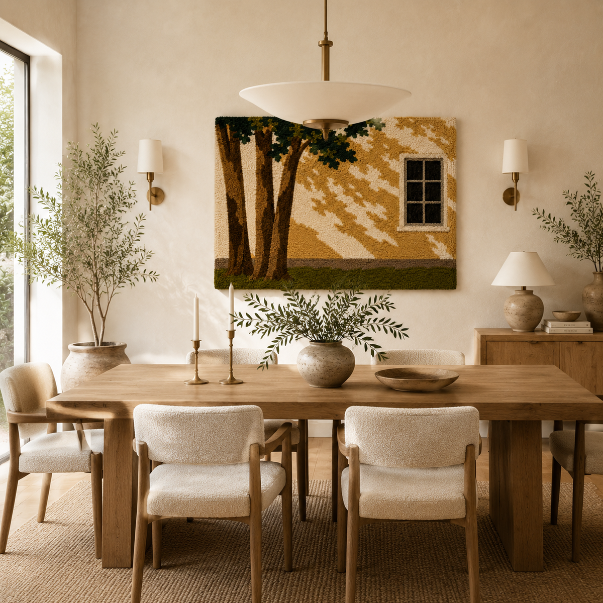 Golden window shadows wall art by Hewn Earth features warm, textured shadows cast on a wall, showcasing artistic wall decor.